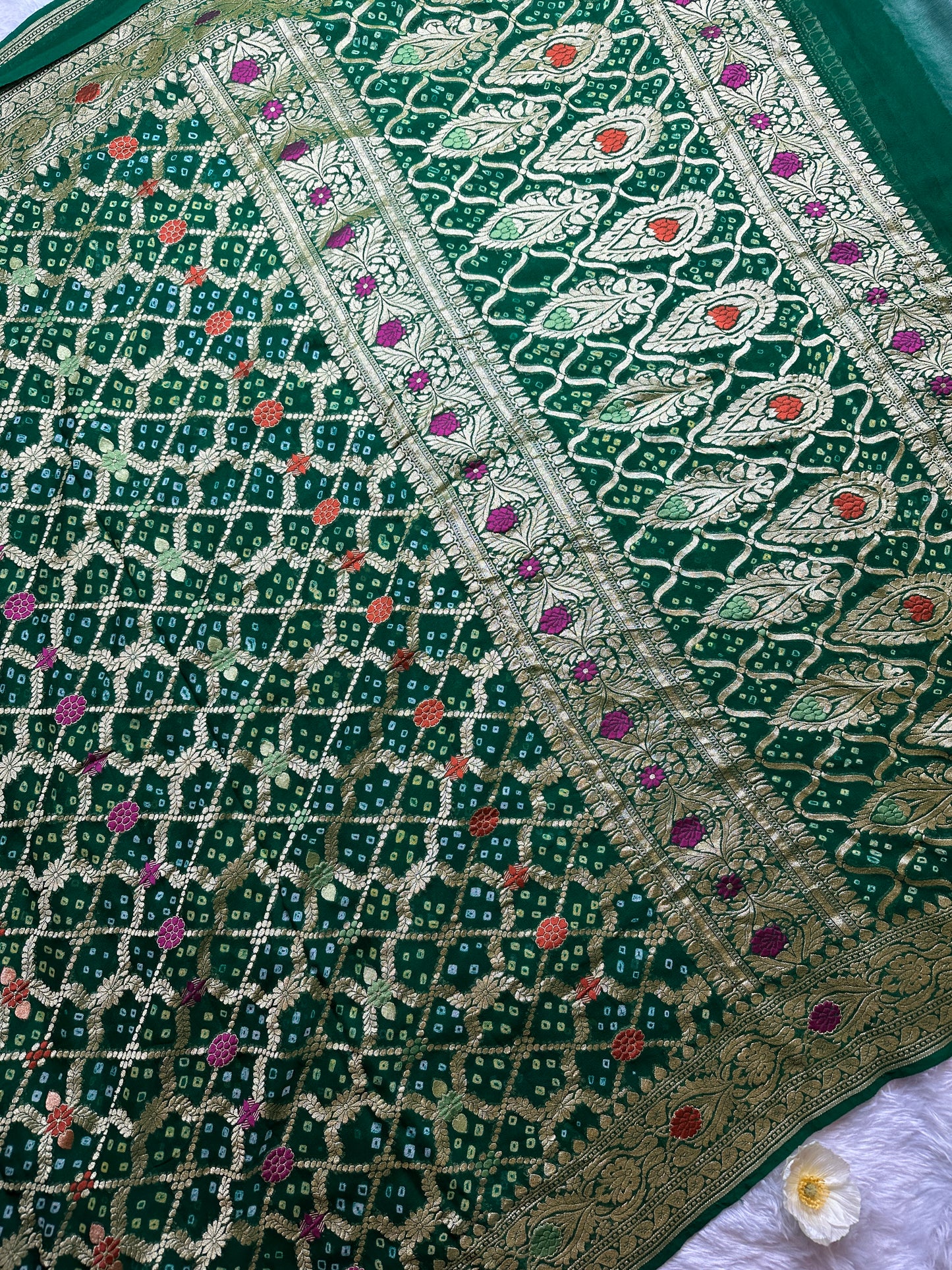 GREEN MEENAKARI GEORGETTE WITH A BANDHINI PRINT