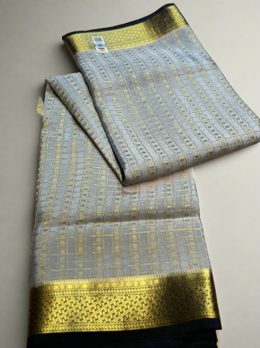 GREY- BLACK PURE POLKA CHECKS PURE CREPE SAREE