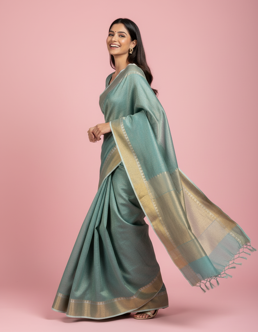 Ice blue tissue linen saree