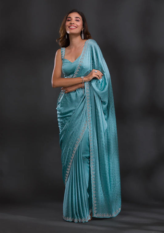 Sky blue Chinnon crepe with diamond work saree