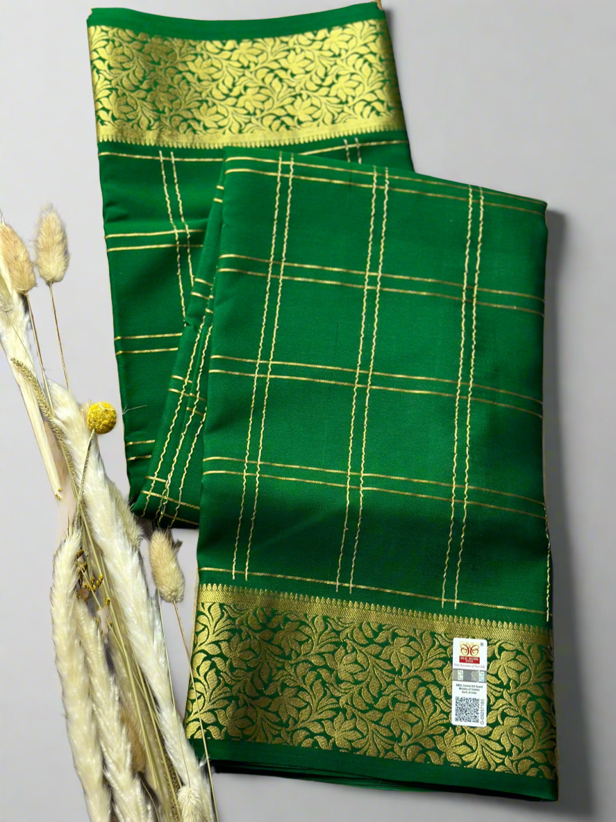 Bottle green 3" TWIN CHECKS PURE CREPE SAREE