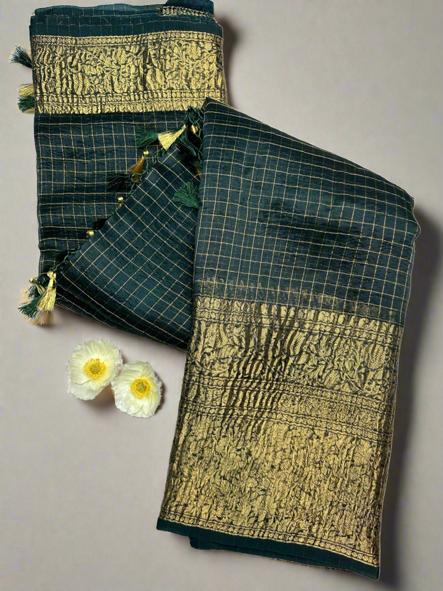 Forest green organza checks saree