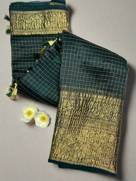 Forest green organza checks saree