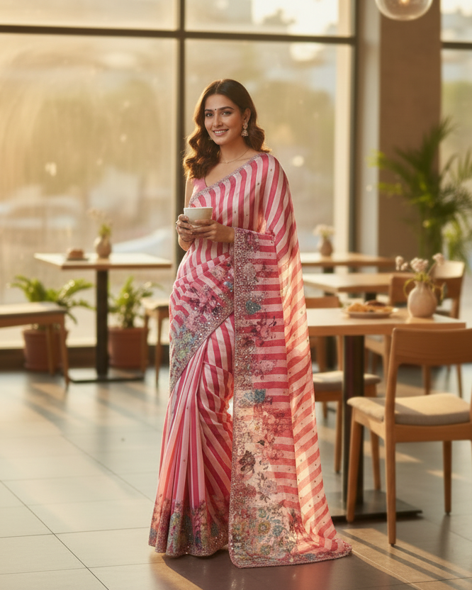 Red embroidery satin saree