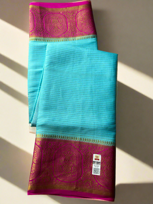 PINK BLUE BIG BORDER PURE CREPE SAREE