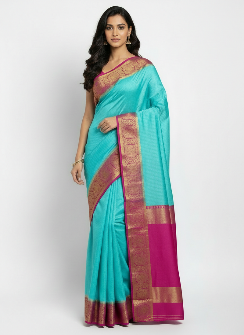 PINK BLUE BIG BORDER PURE CREPE SAREE