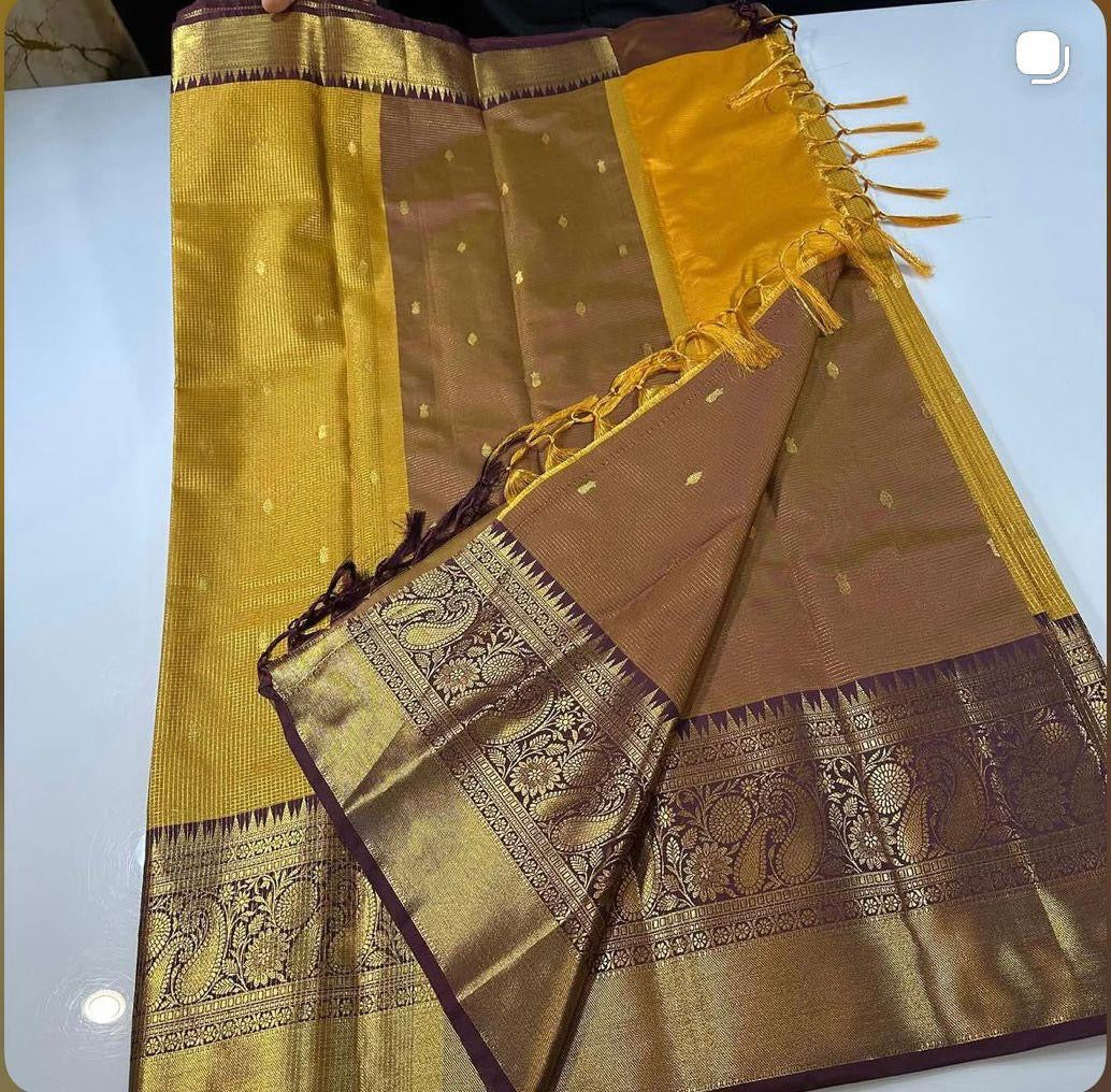 Yellow checkered semi silk saree
