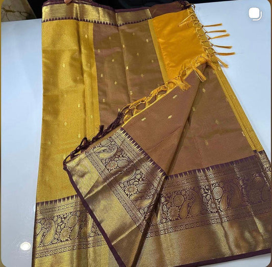 Yellow checkered semi silk saree