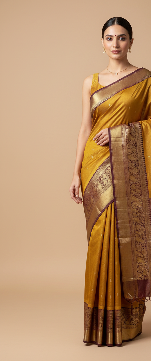 Yellow checkered semi silk saree