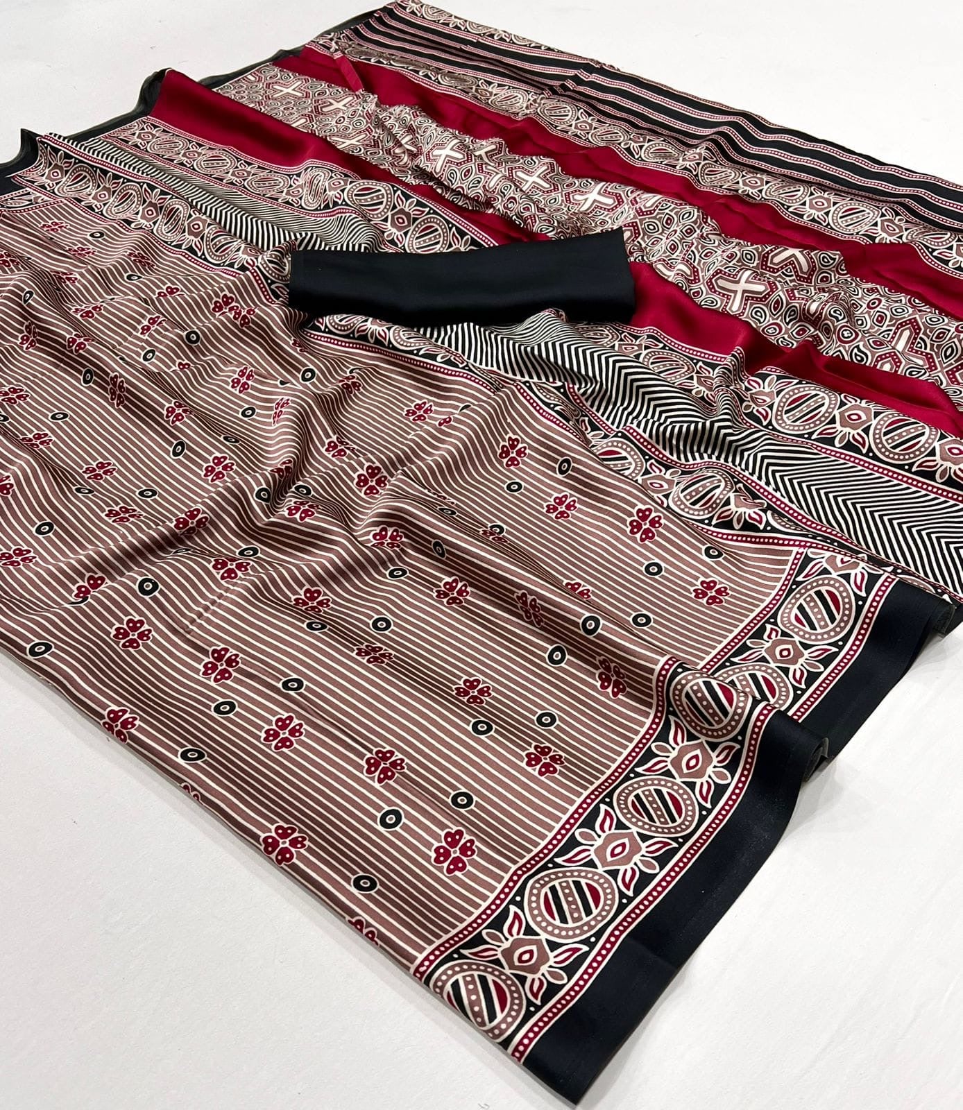 Stripes ajrak printed soft modal satin saree