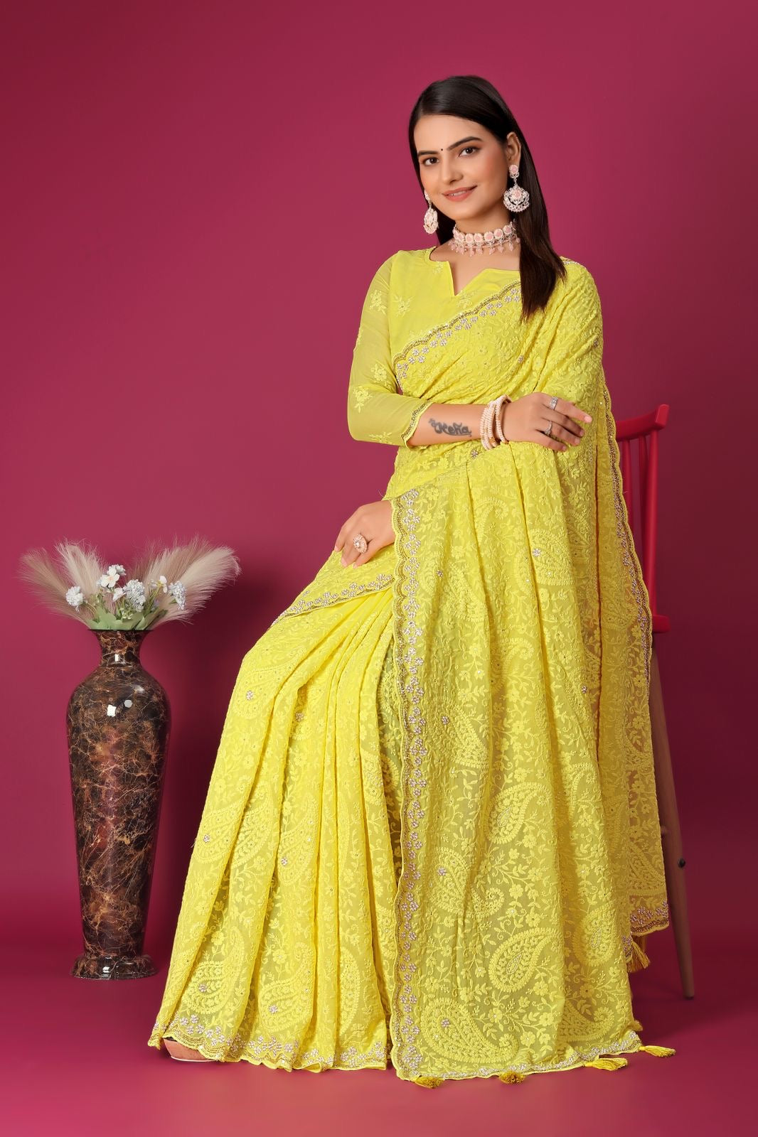 Yellow embroidery saree