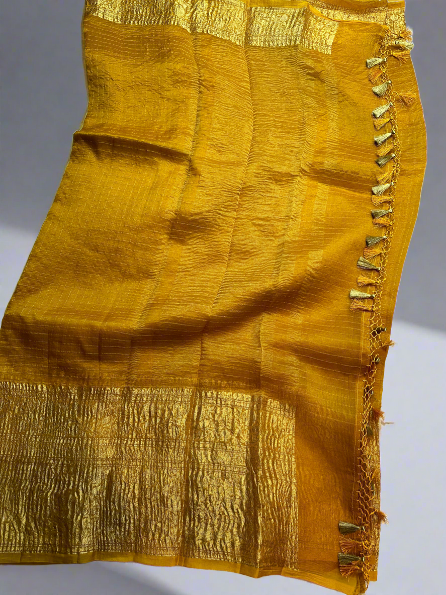 Mustard yellow organza checks saree