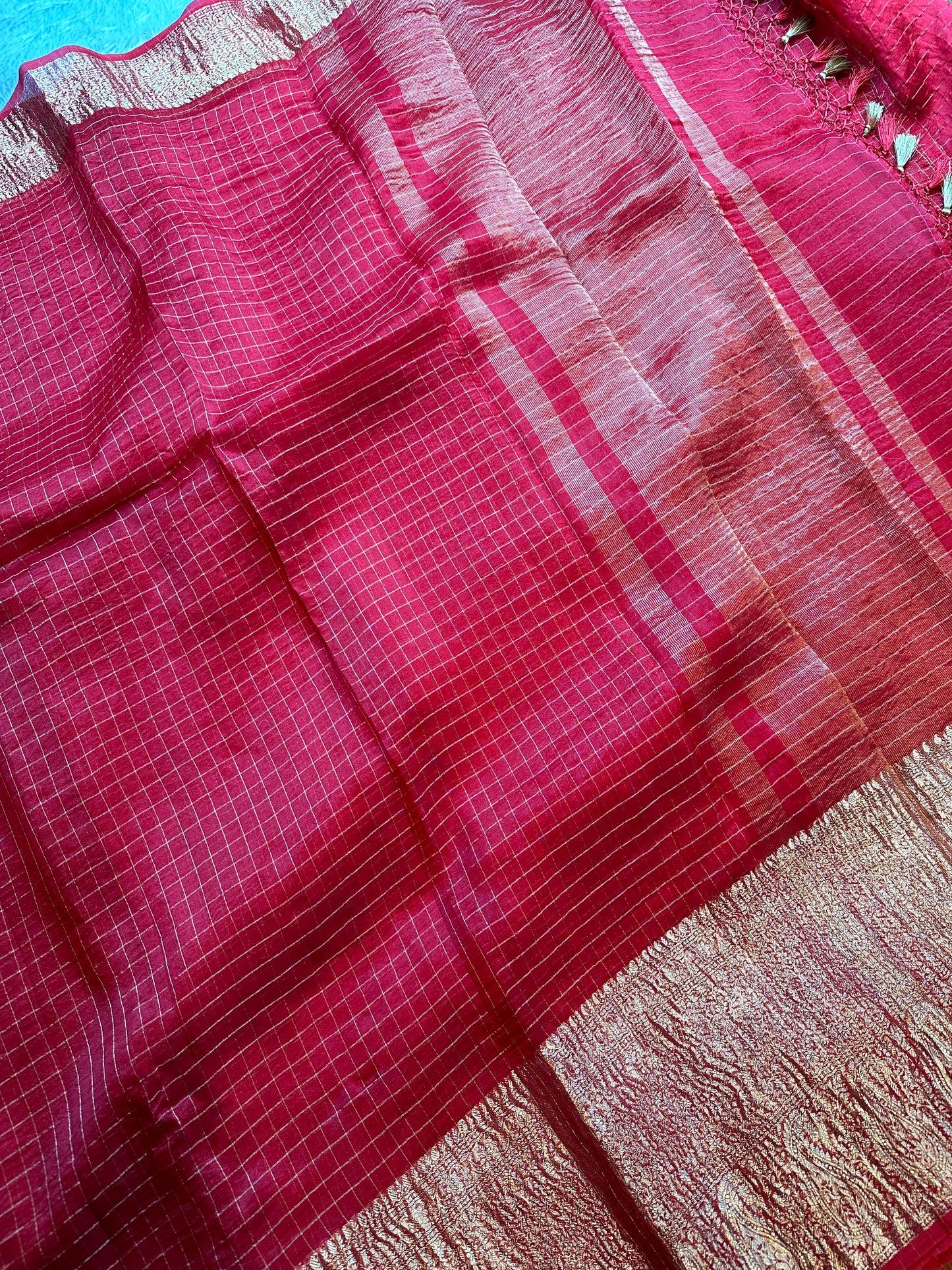 Red organza Checks saree