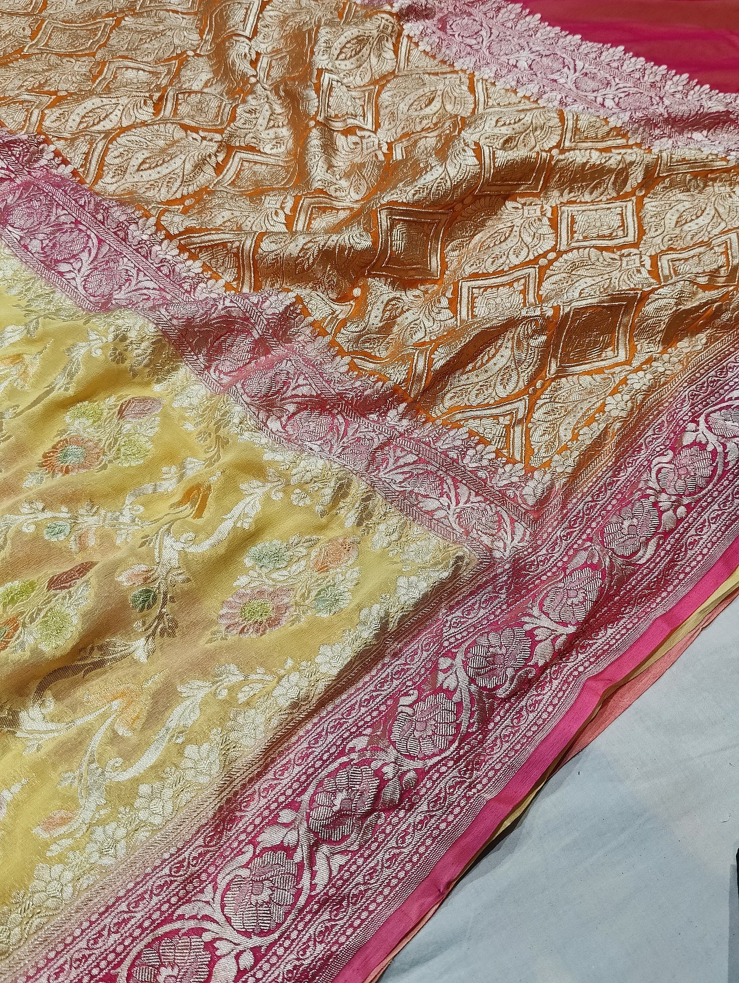 YELLOW-PINK PURE GEORGETTE SAREE