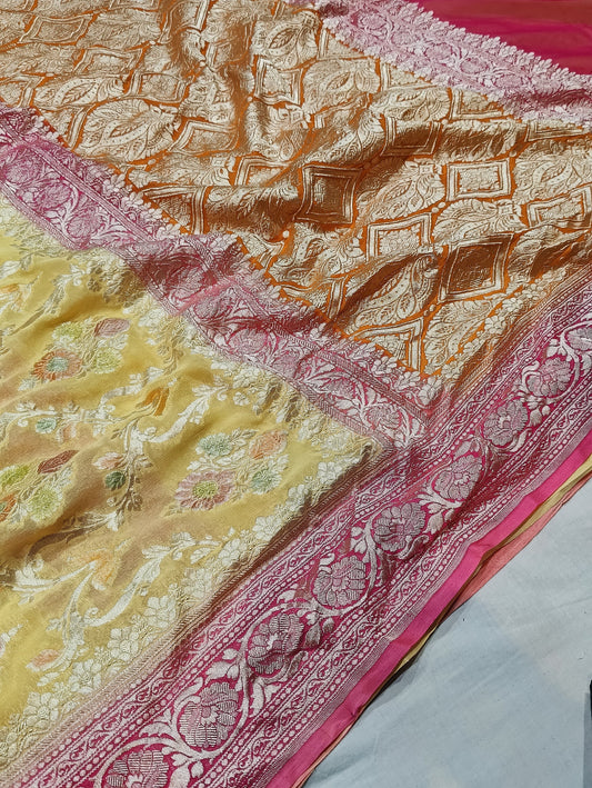 YELLOW-PINK PURE GEORGETTE SAREE