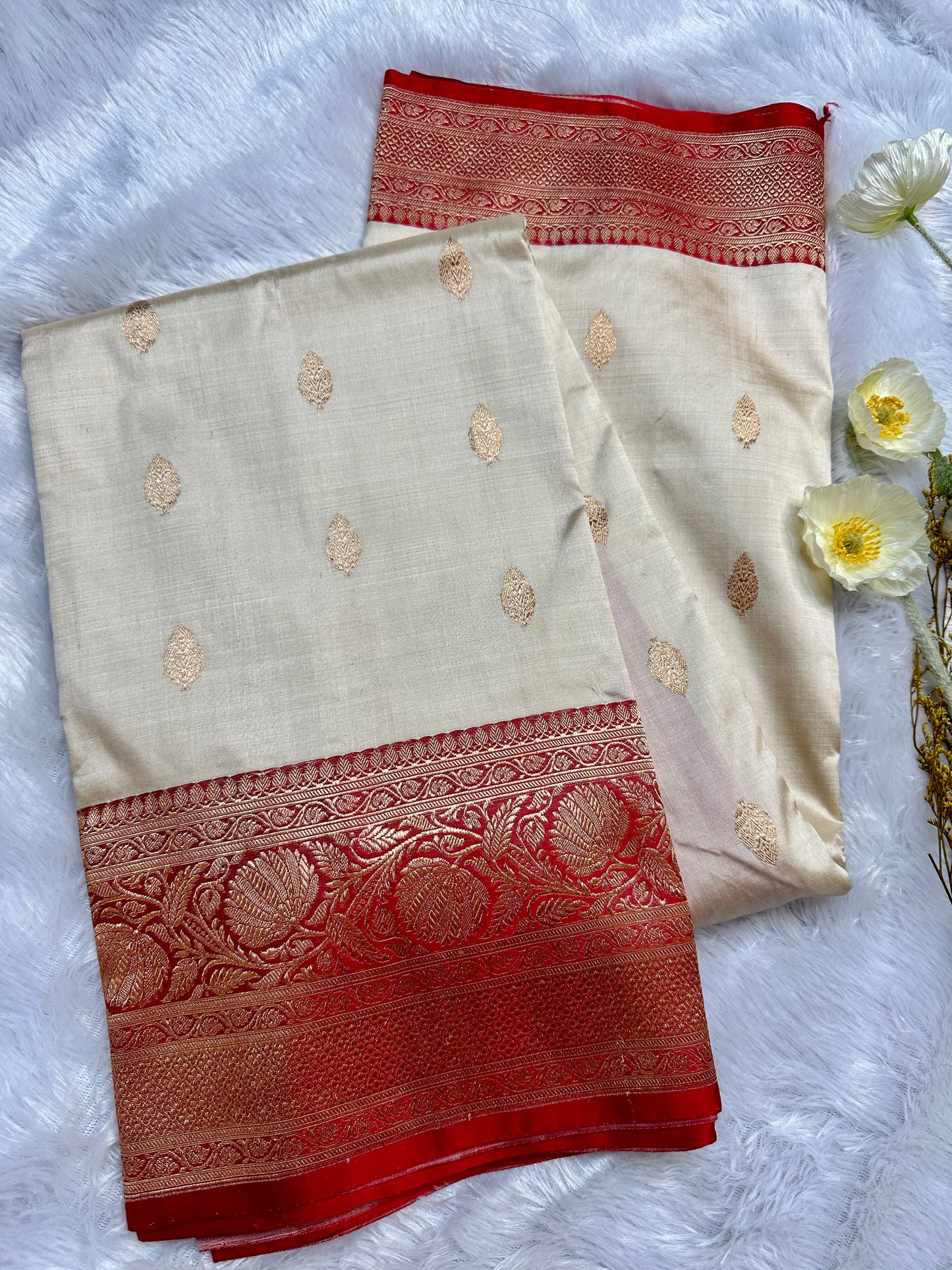 Off-white katan silk saree