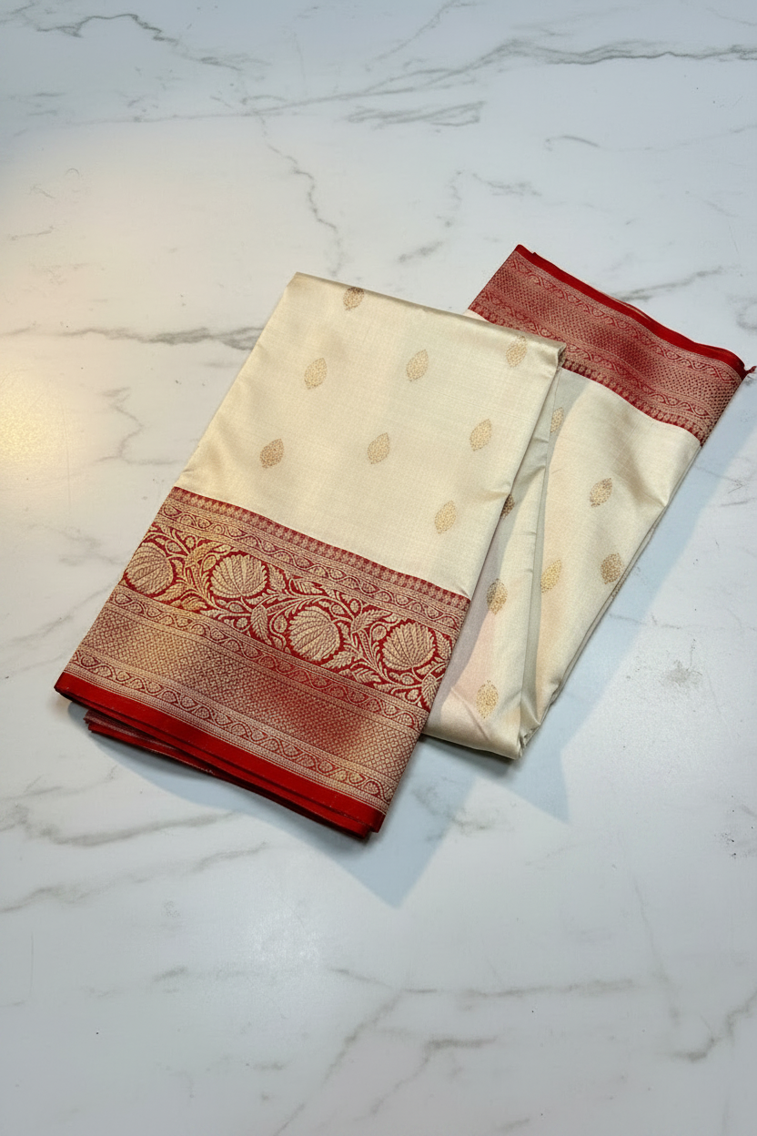Off-white katan silk saree