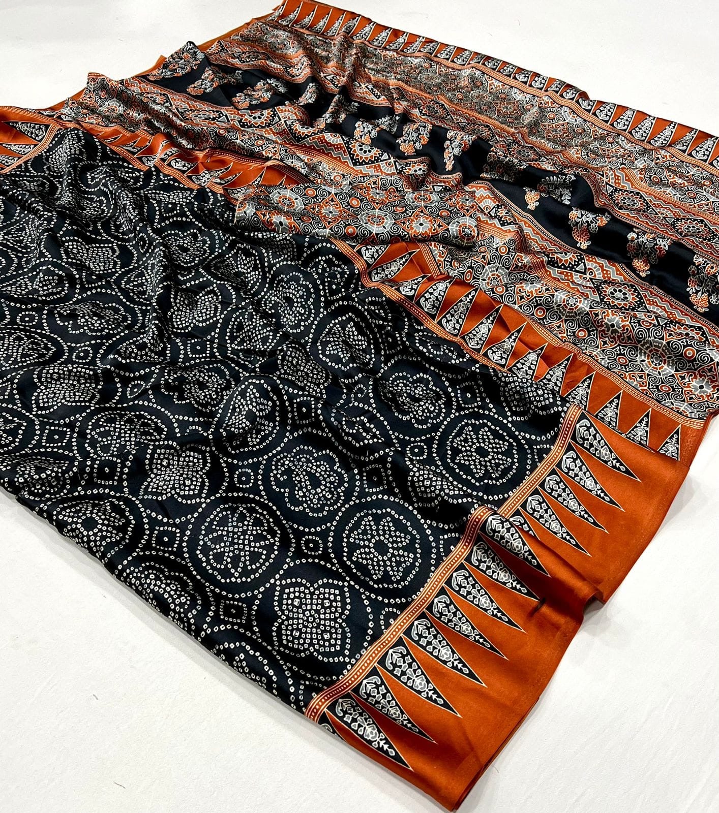 Black orange Multi coloured soft modal satin saree