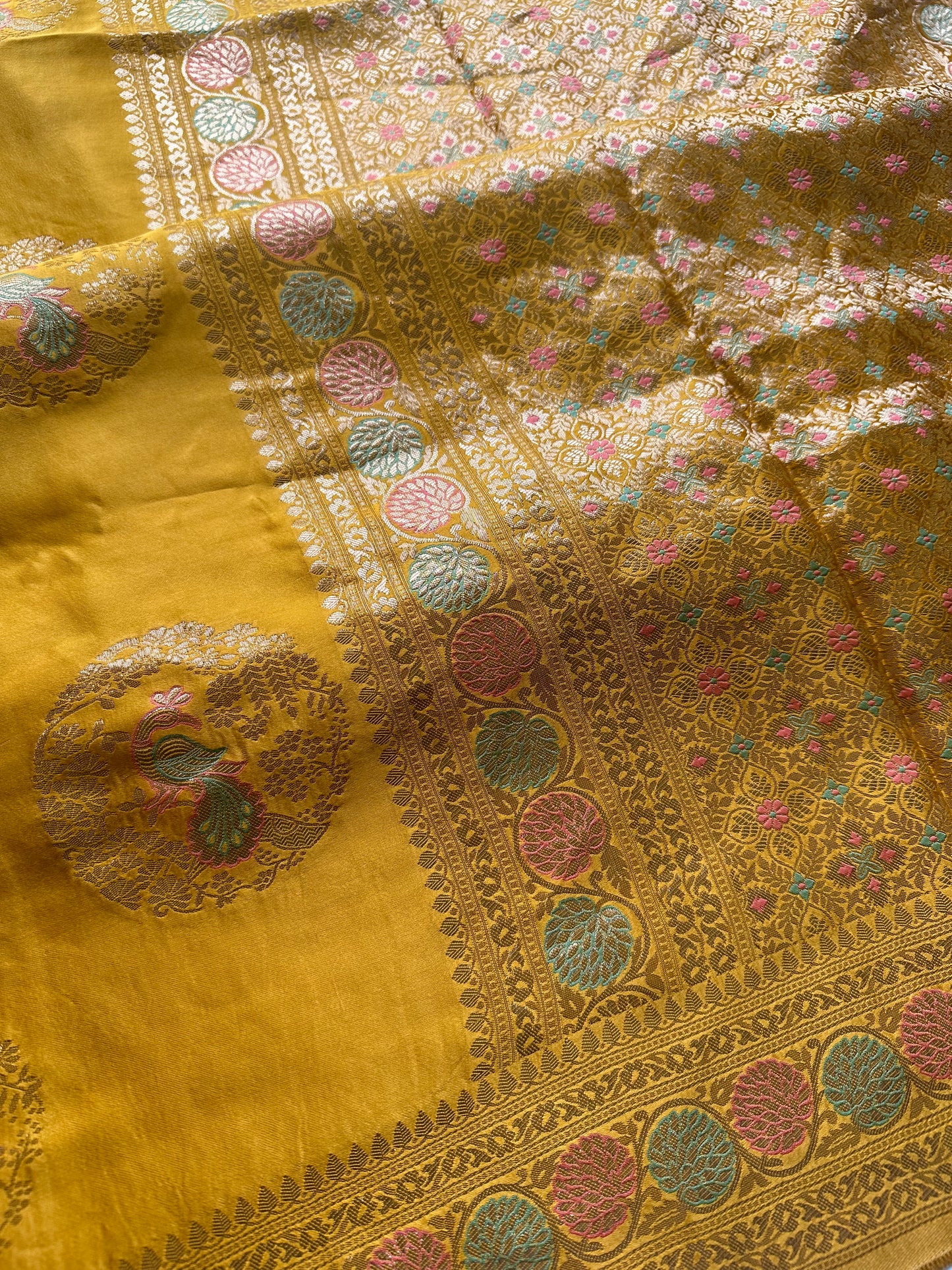 Mastard yellow mashru satin silk saree