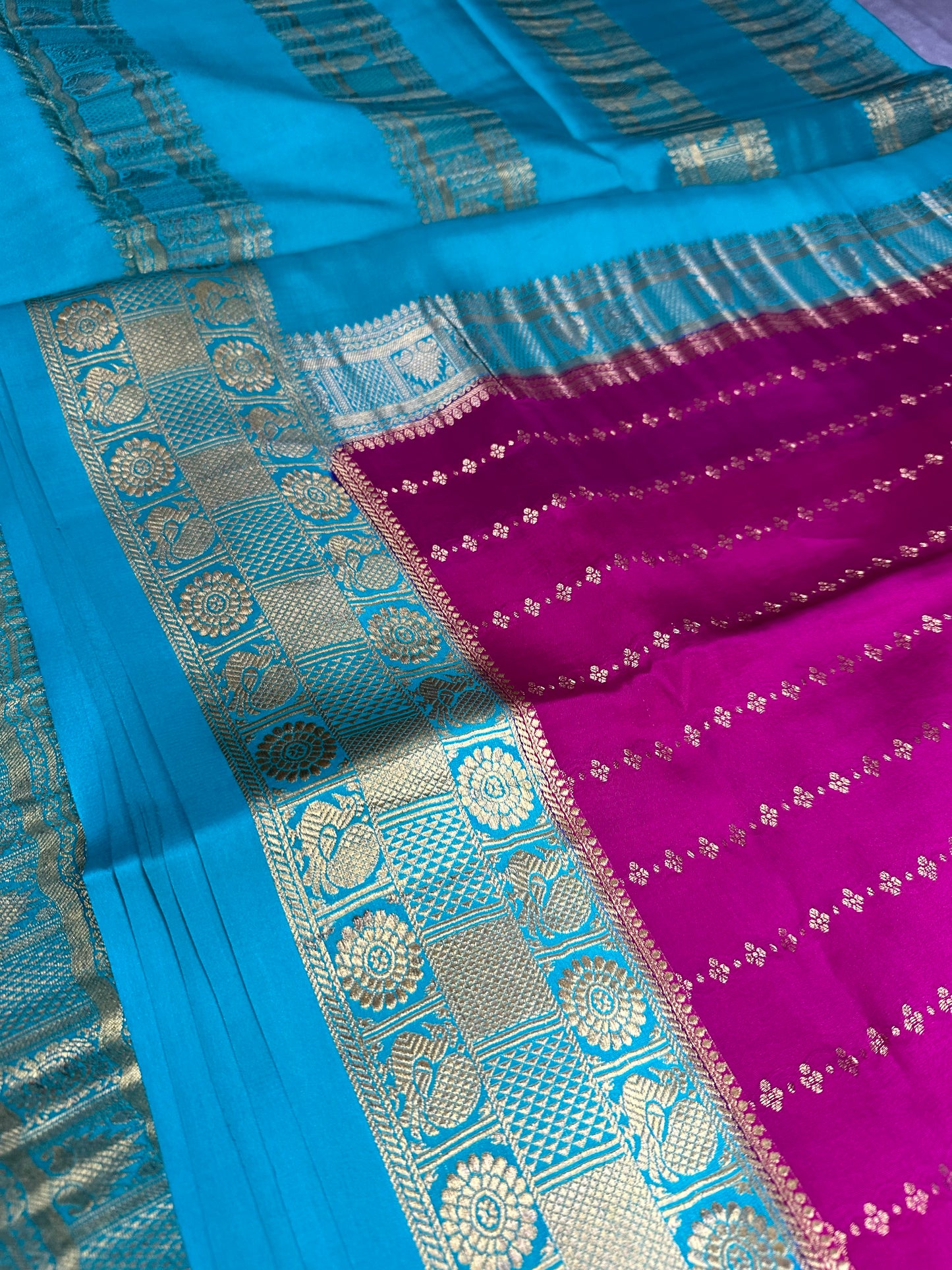 Rani pink- teal green Sudarshan gatti kalanjali pure crepe silk saree