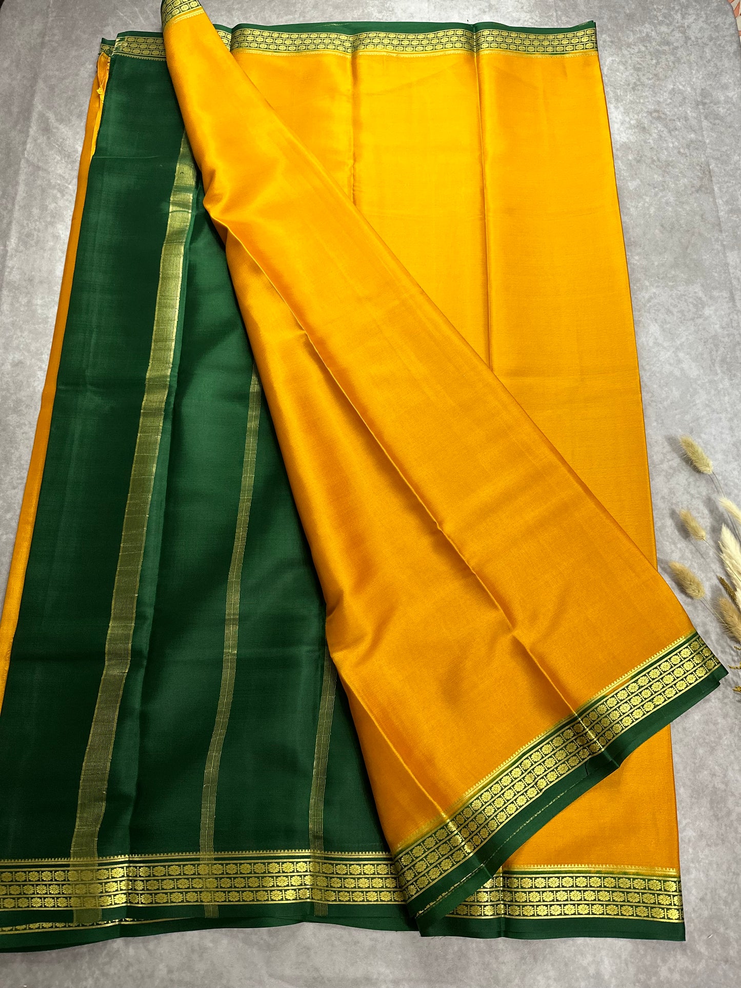 Mustard yellow- green ashwini pure crepe silk saree