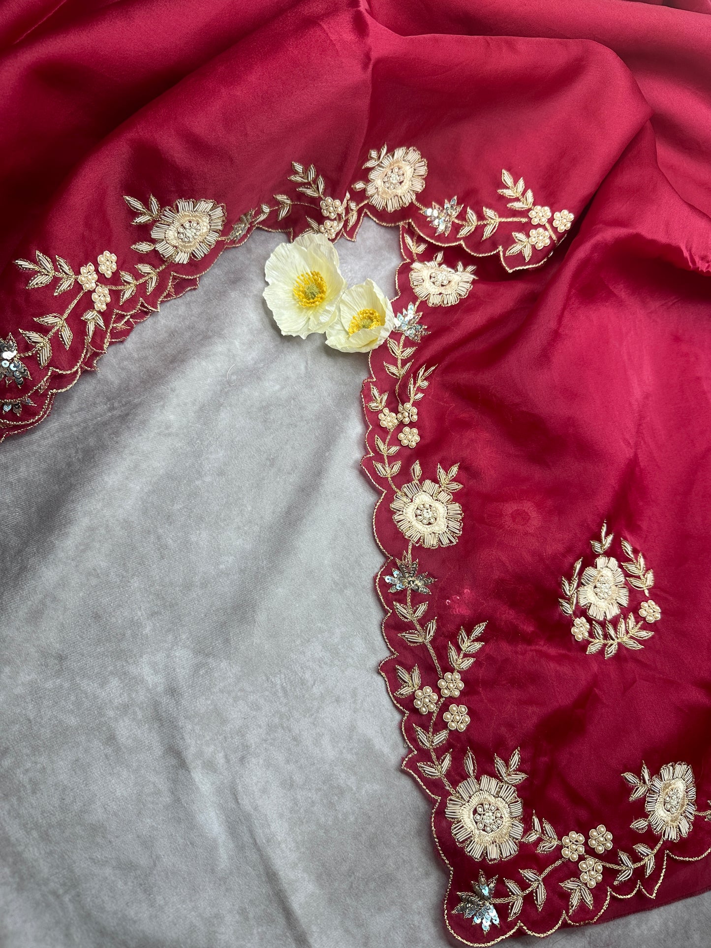 Red satin organza hand embroidery saree