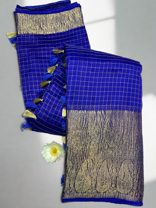 Royal blue organza checks saree