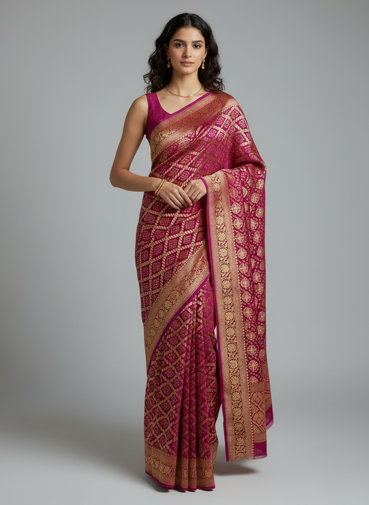 RANI PINK SHADED GEORGETTE WITH A BANDHINI PRINT