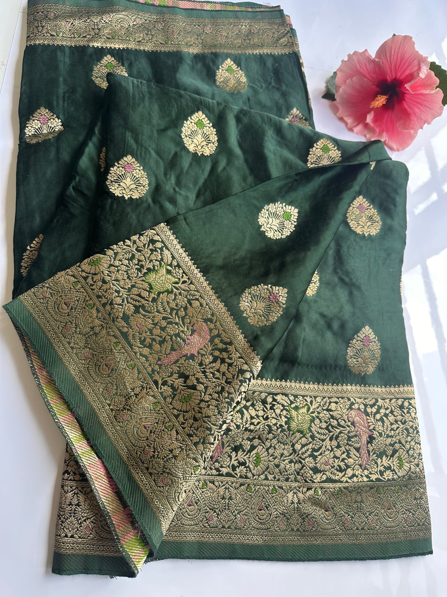 Bottle green mashru satin silk saree