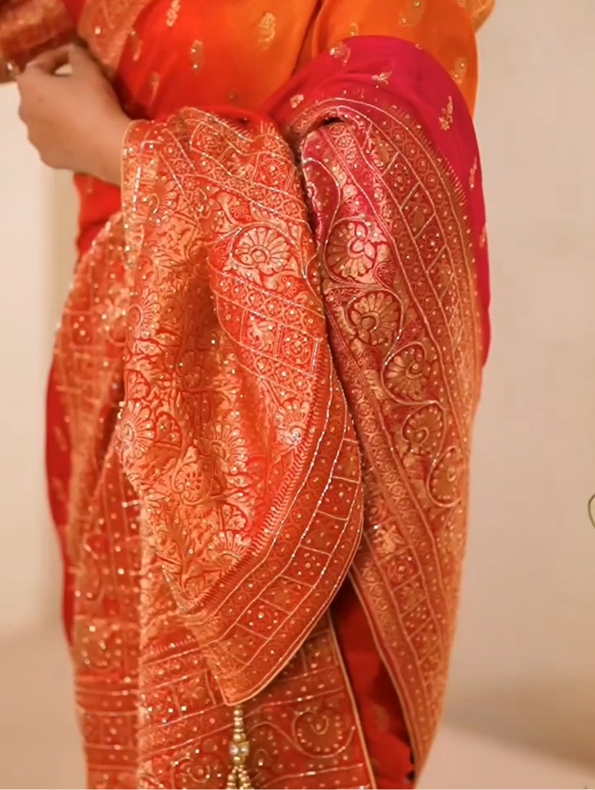 Red-orange Soft Dola silk embroidery saree