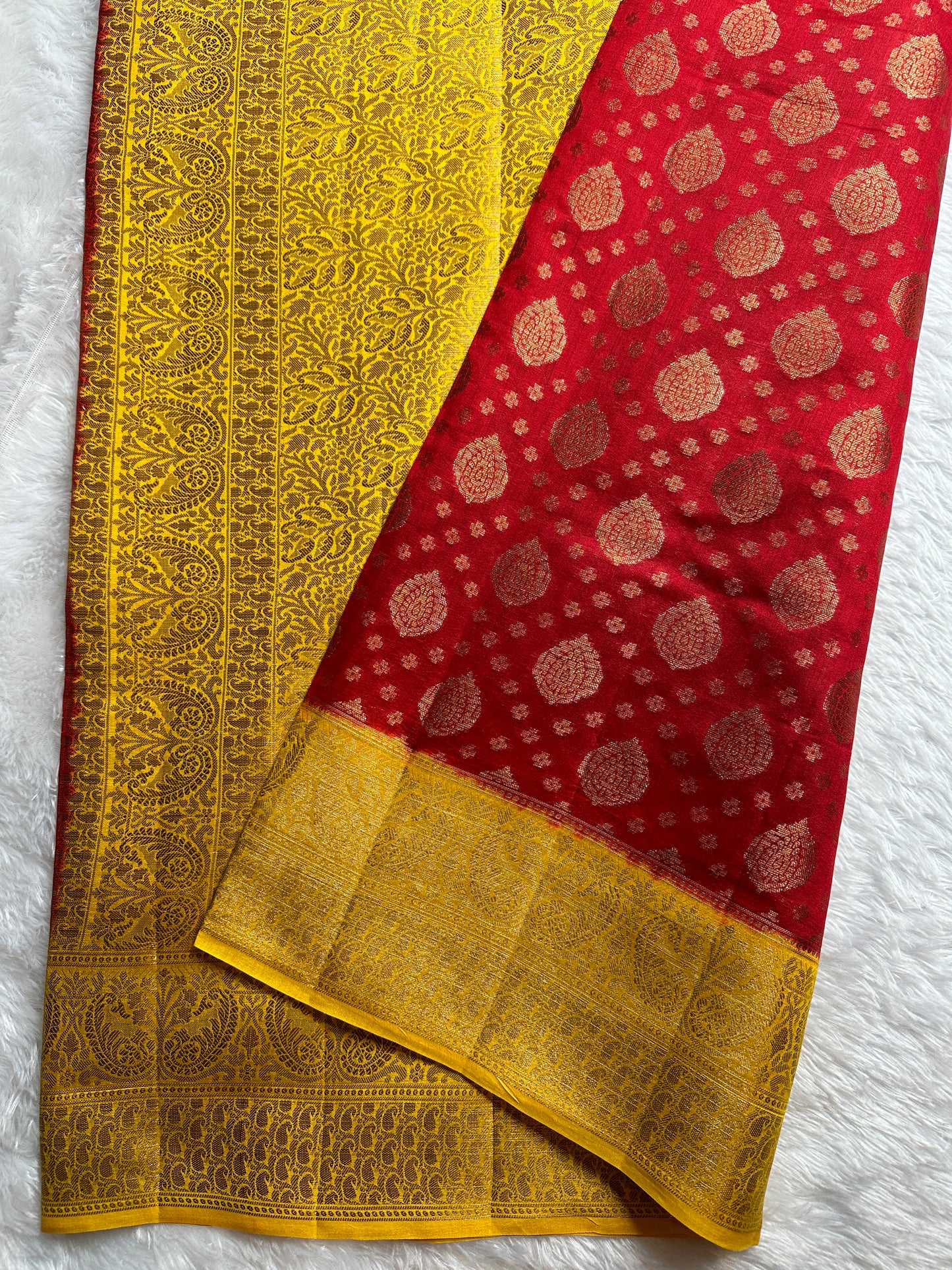 RED-YELLOW PURE CHINIYA SILK SAREE