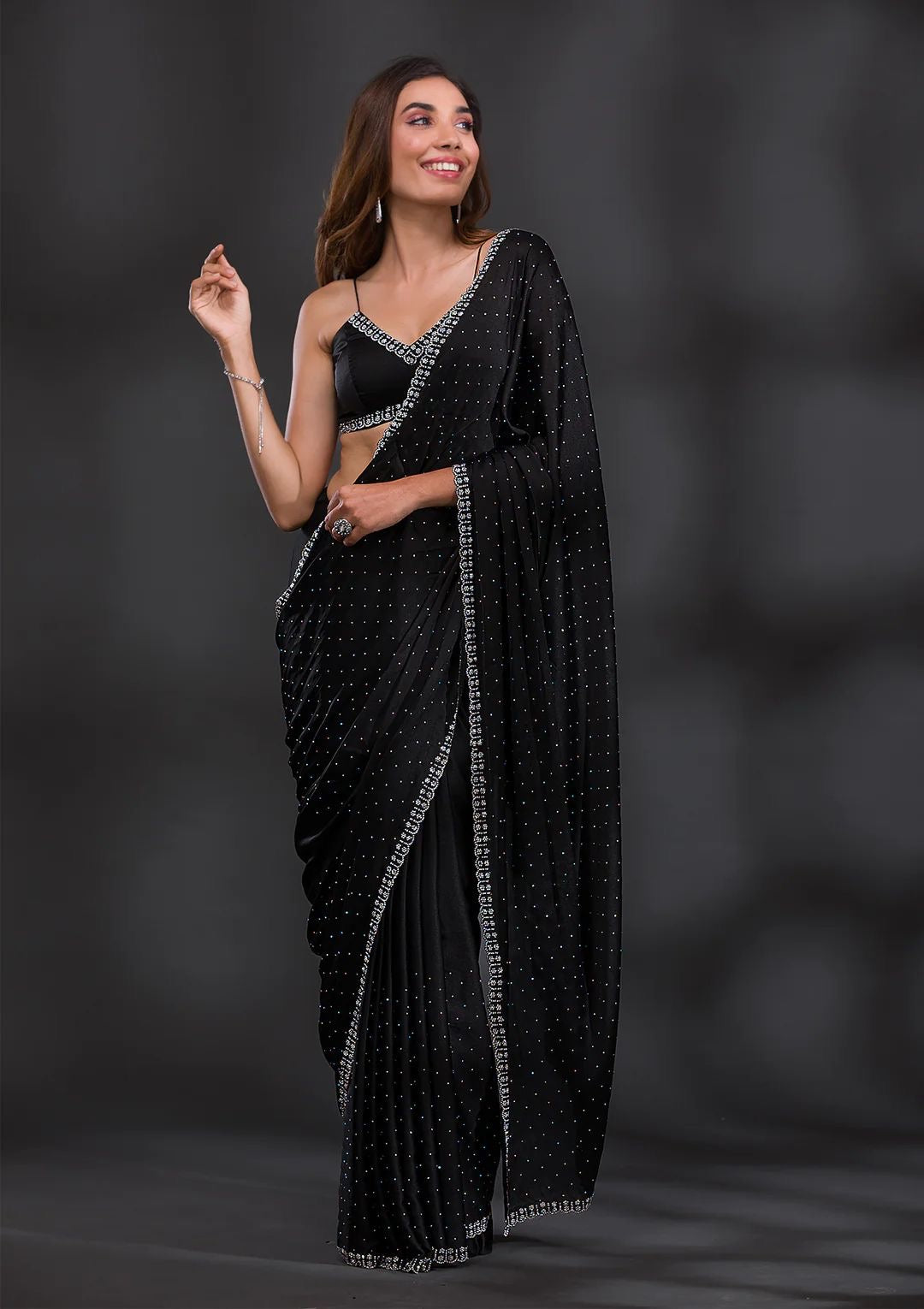 Black Chinnon crepe with diamond work saree