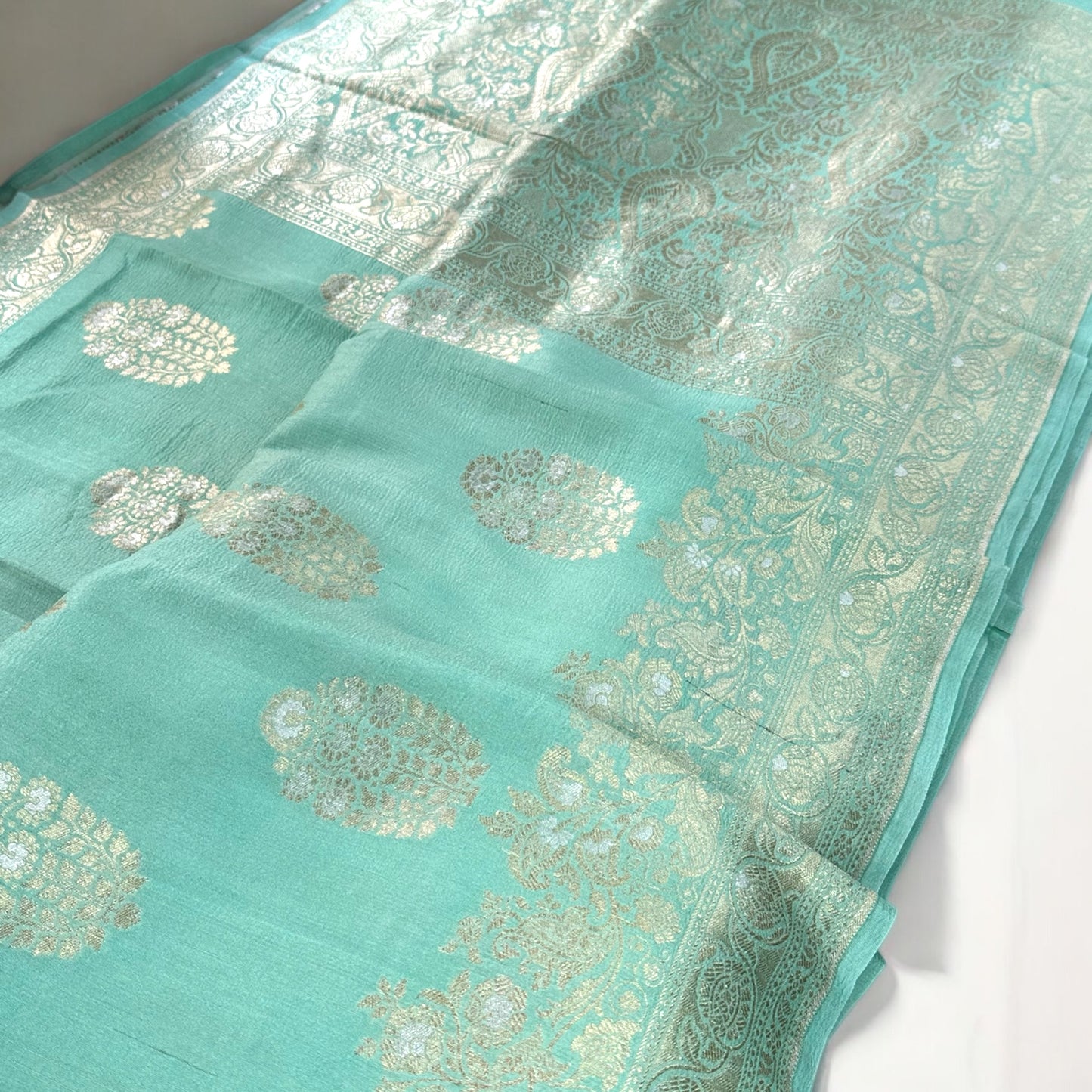 Teal green pure tussar silk saree