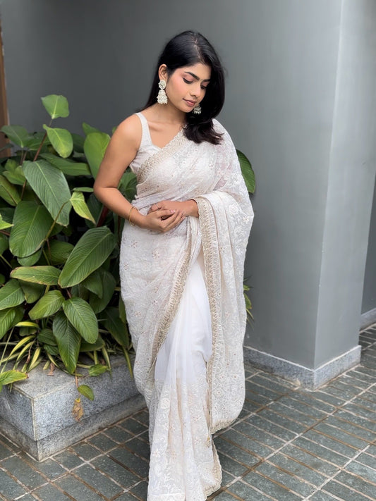 Off-white Chikankari saree