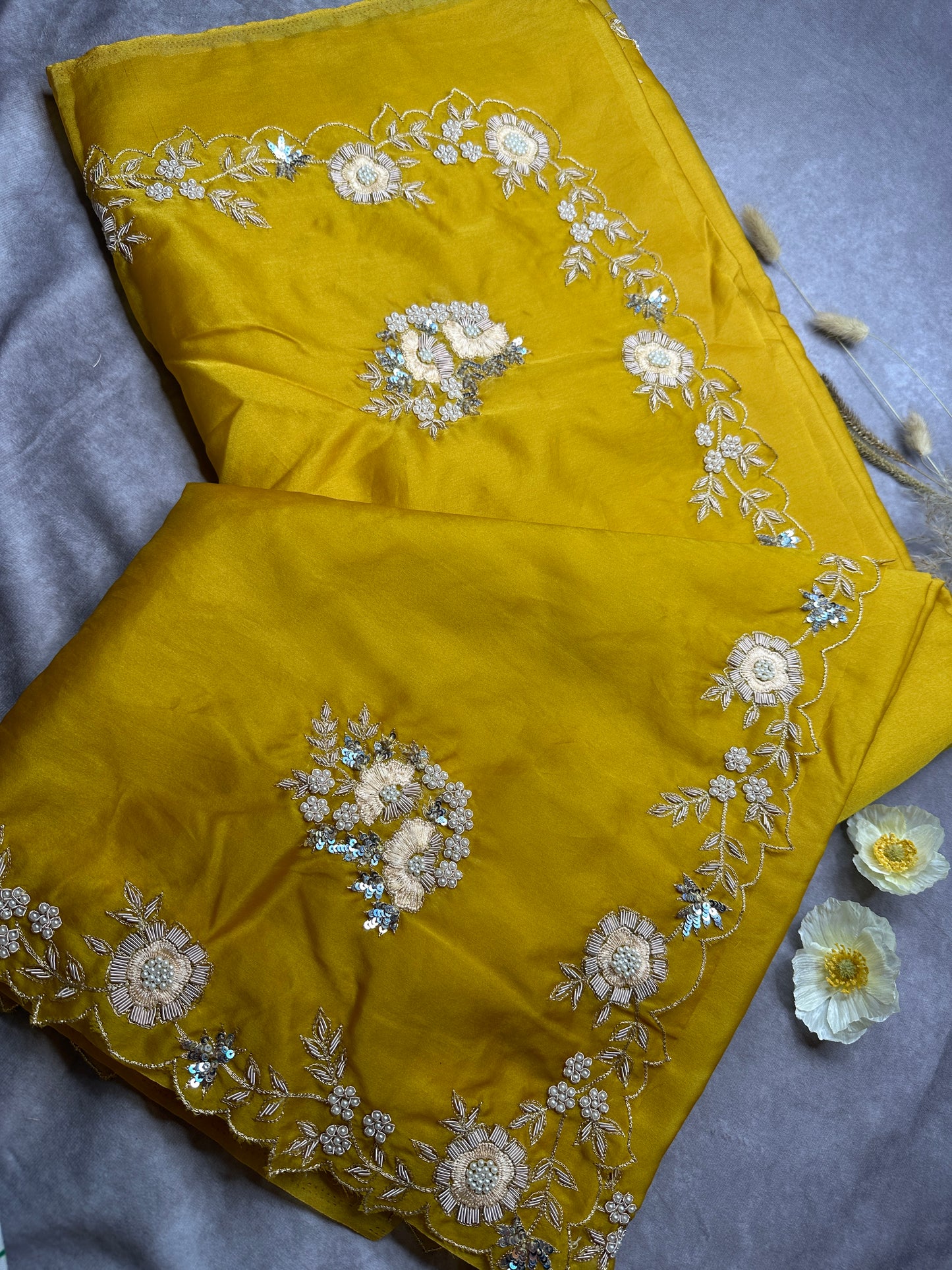 Golden yellow satin organza hand embroidery saree