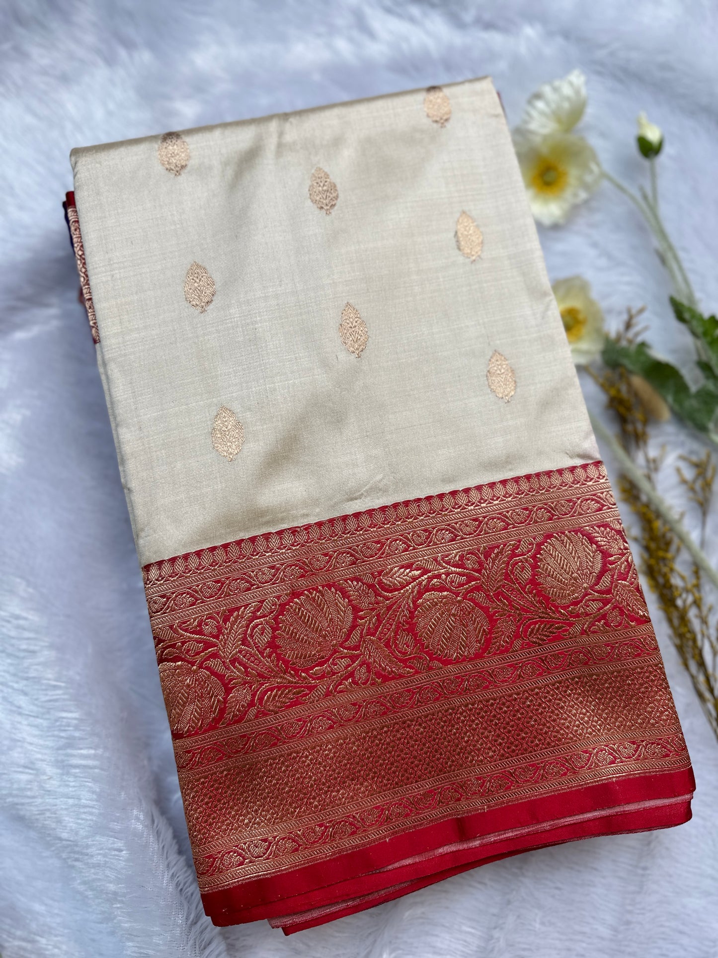 Off-white katan silk saree