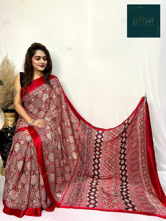 Red ajrak printed saree