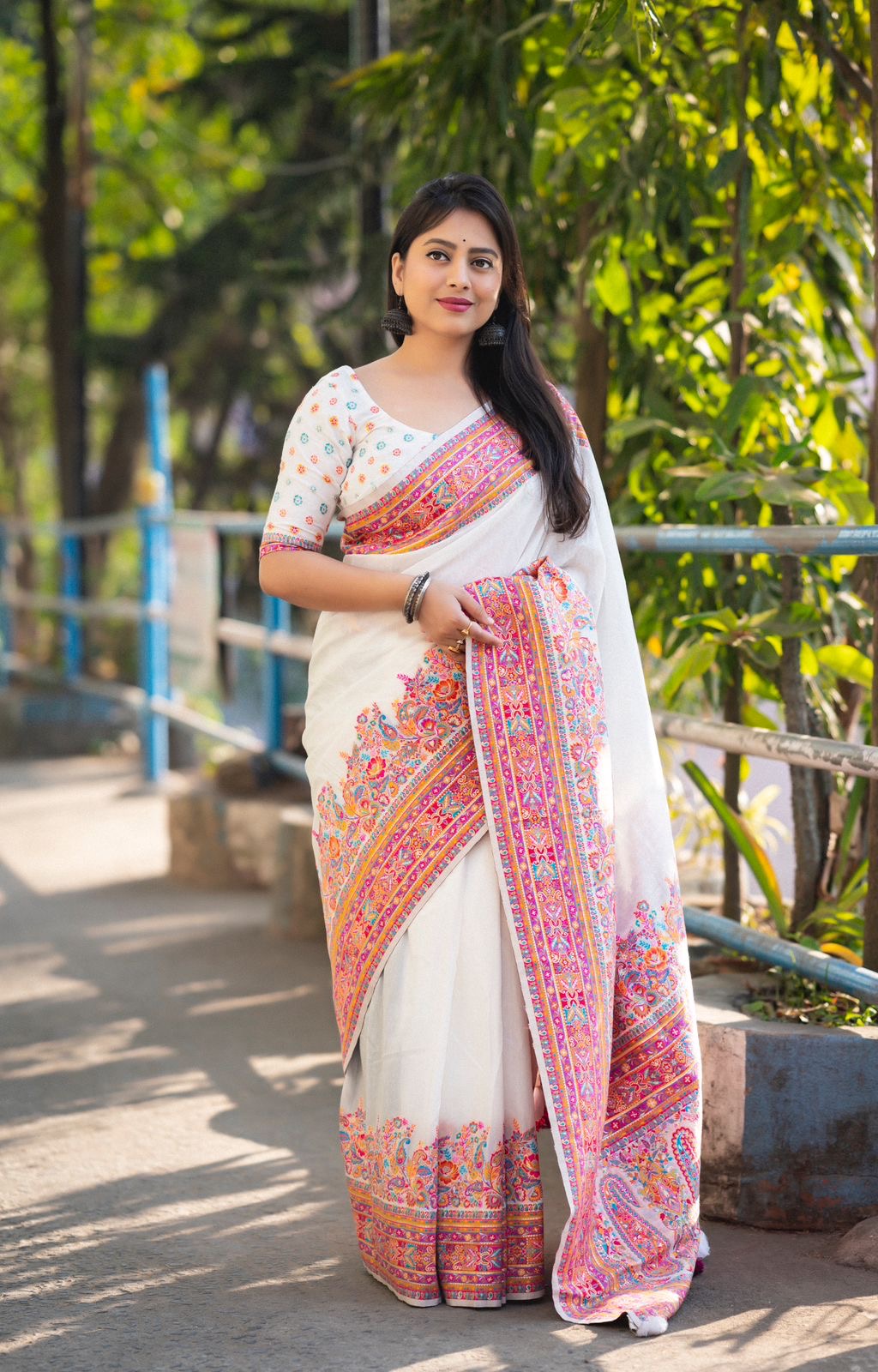 White Kashmiri cotton saree