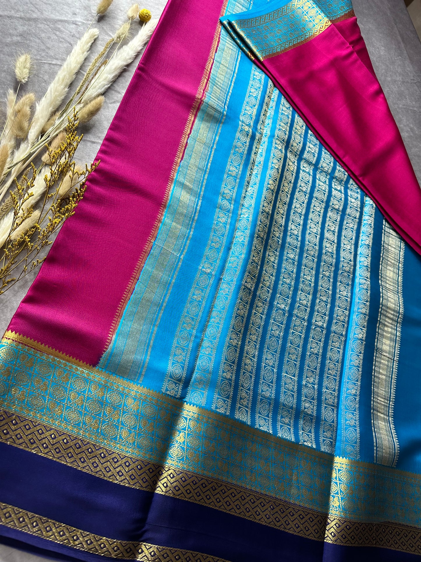 Rani pink-blue Sarika 3D skirt pure crepe silk saree