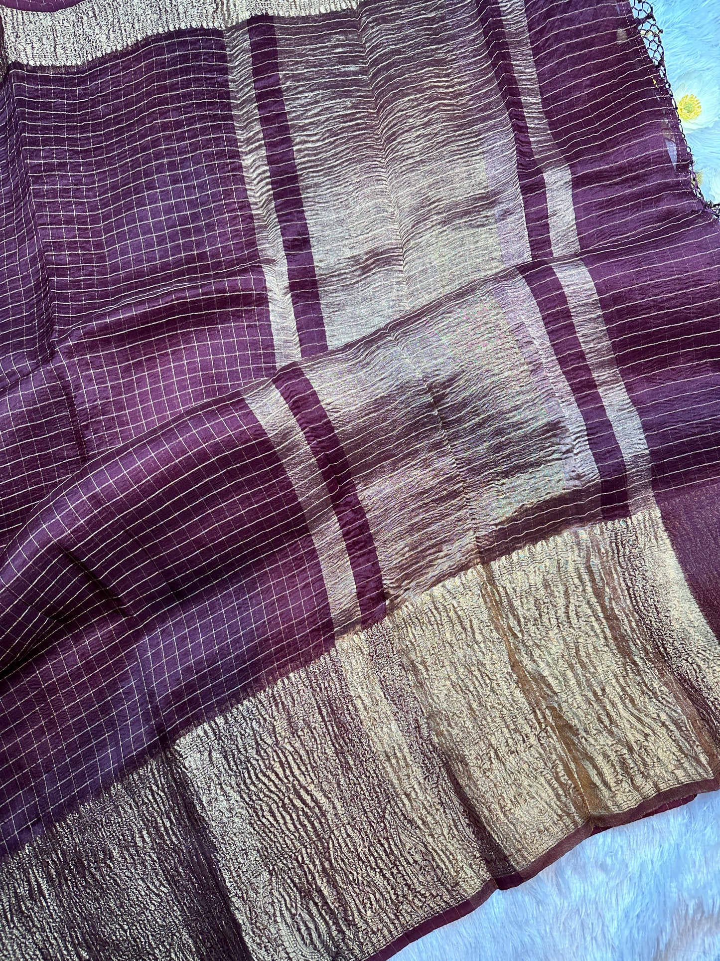 Wine organza checks saree