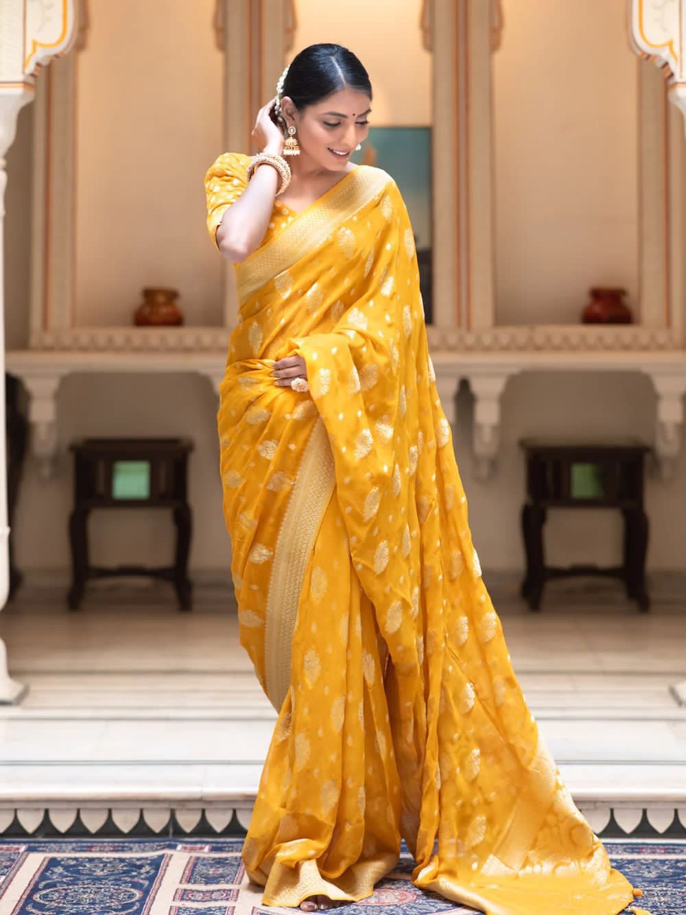 YELLOW SOFT KHADDI GEORGETTE SAREE