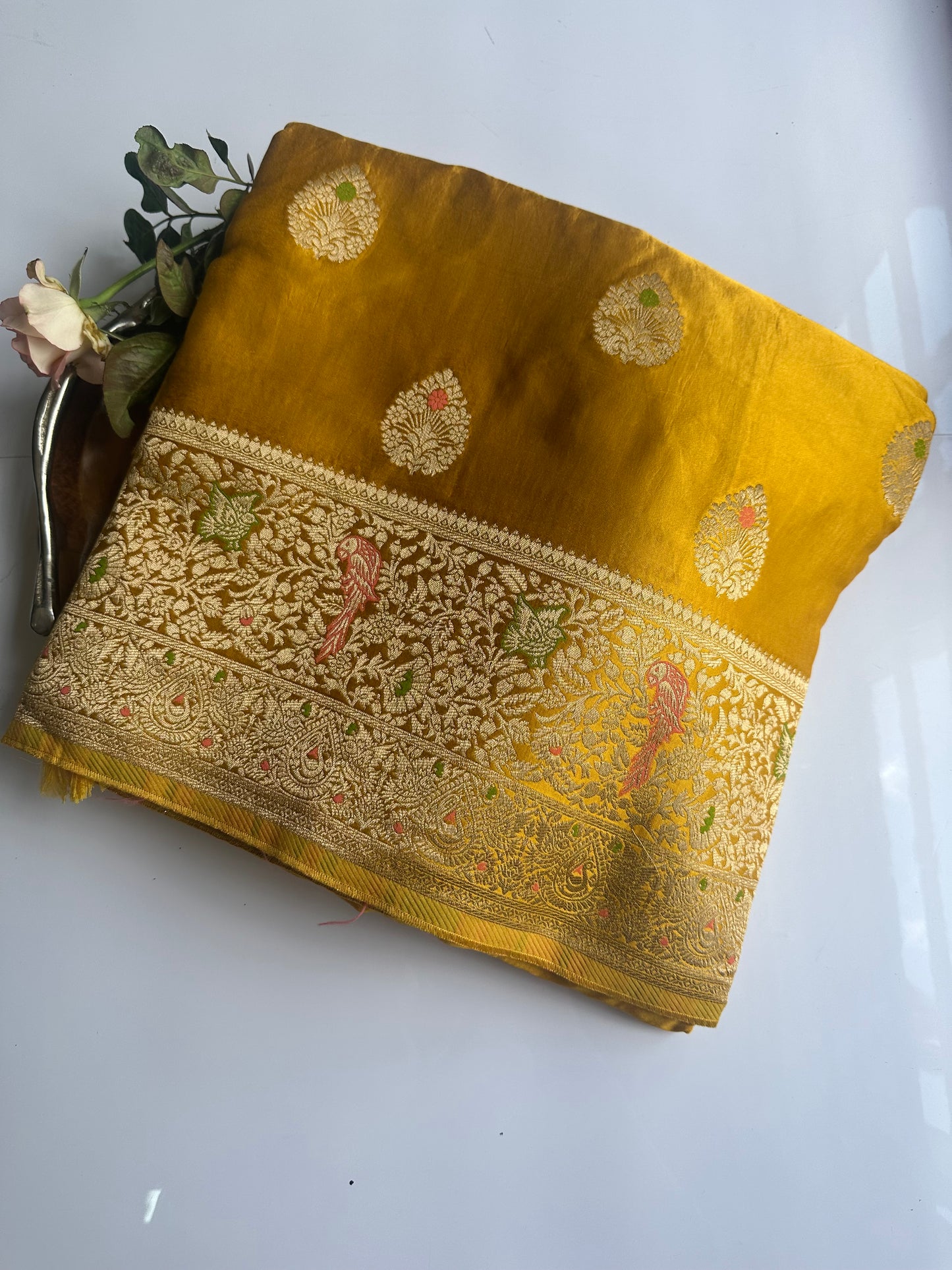 Mastard yellow mashru satin silk saree