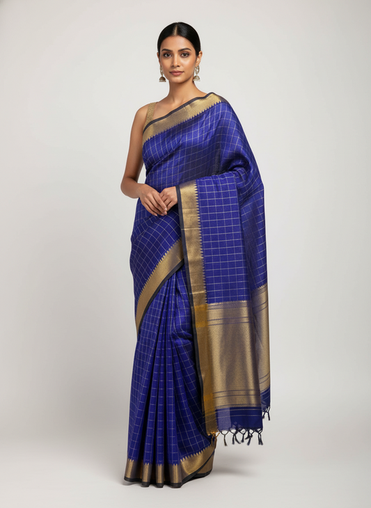 Royal blue checks saree