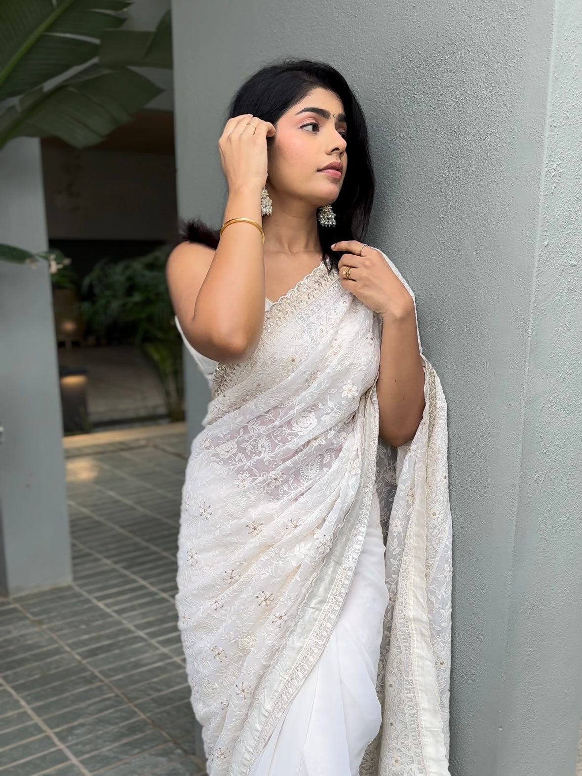 Off-white Chikankari saree