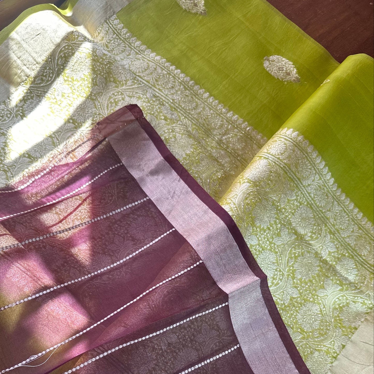 Parrot green pure organza silk saree