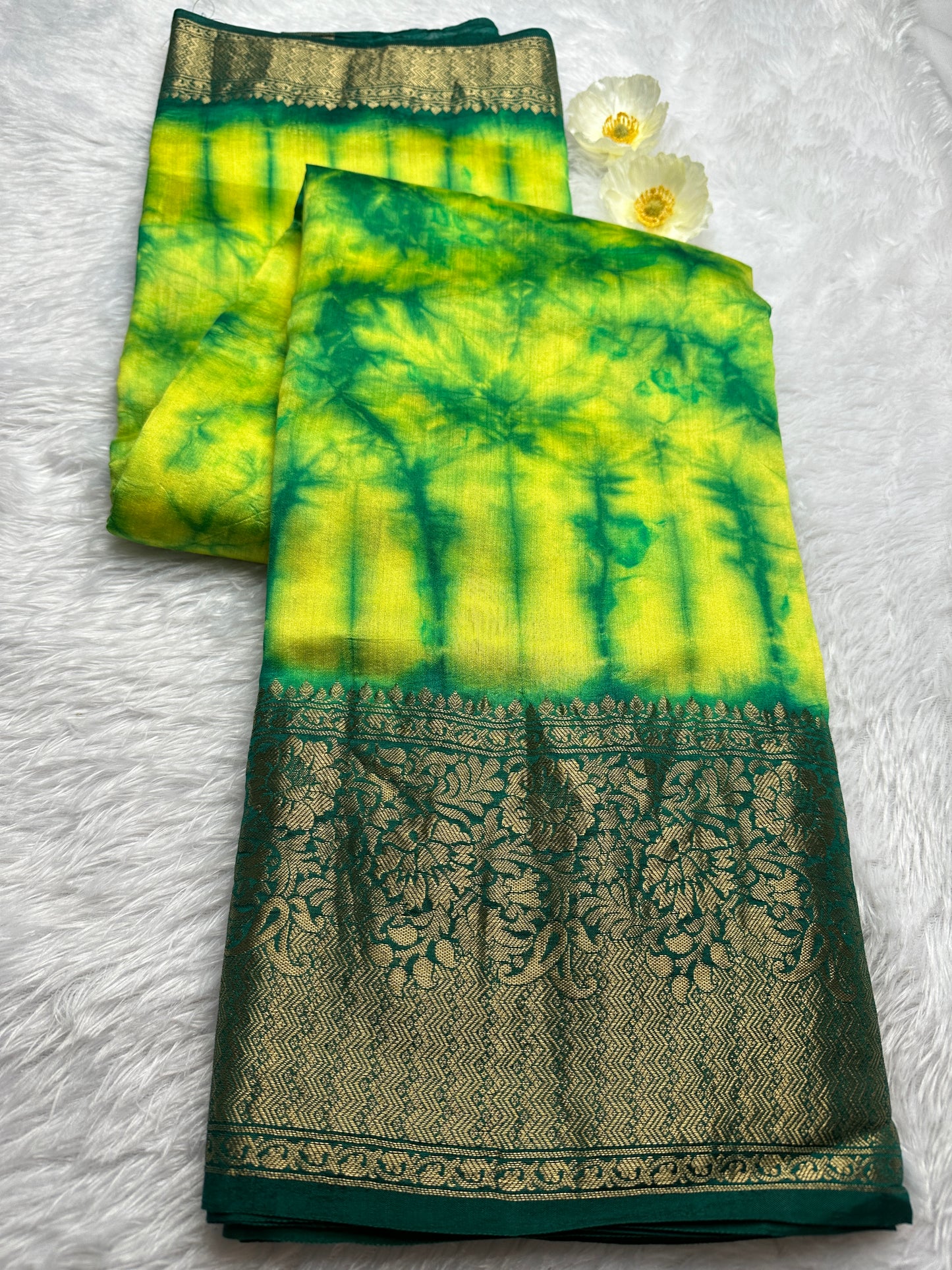 Green- yellow tie-dye pure chiniya silk saree