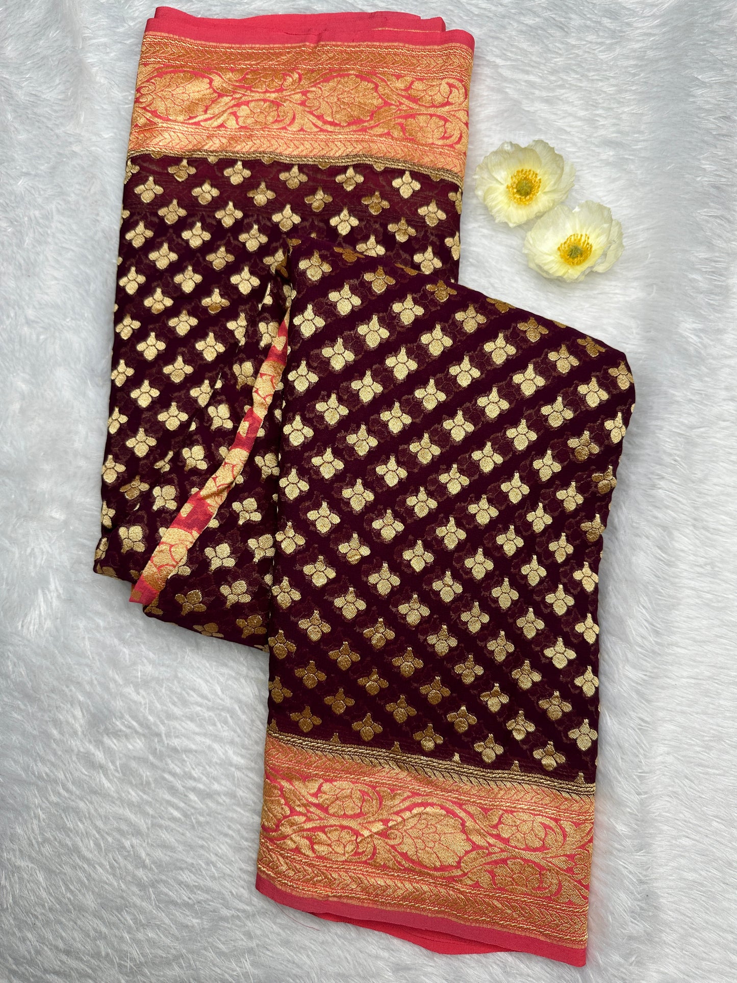 COFFEE BROWN- PINK CHIFFON GEORGETTE SAREE