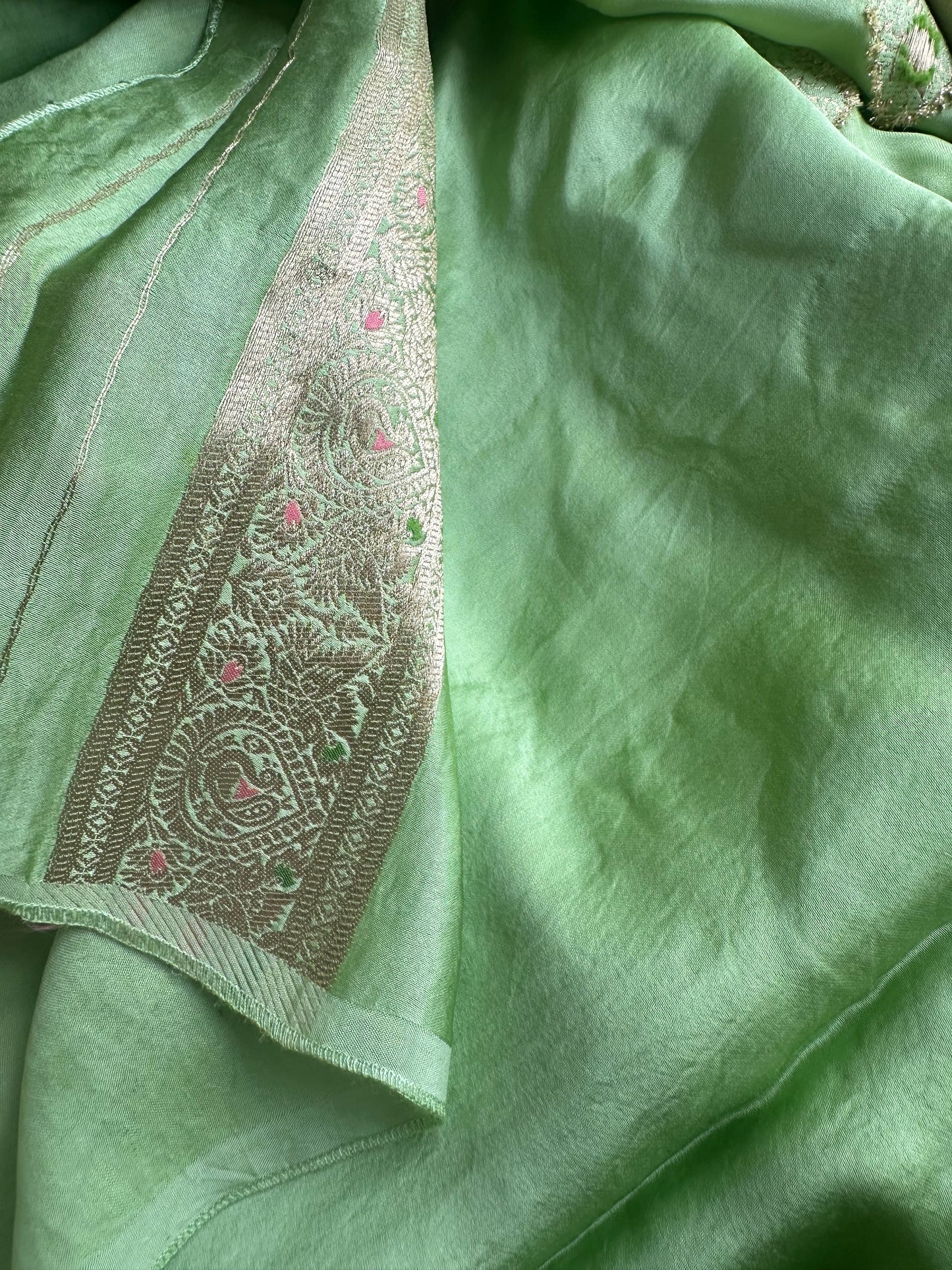 Parrot green mashru satin silk saree