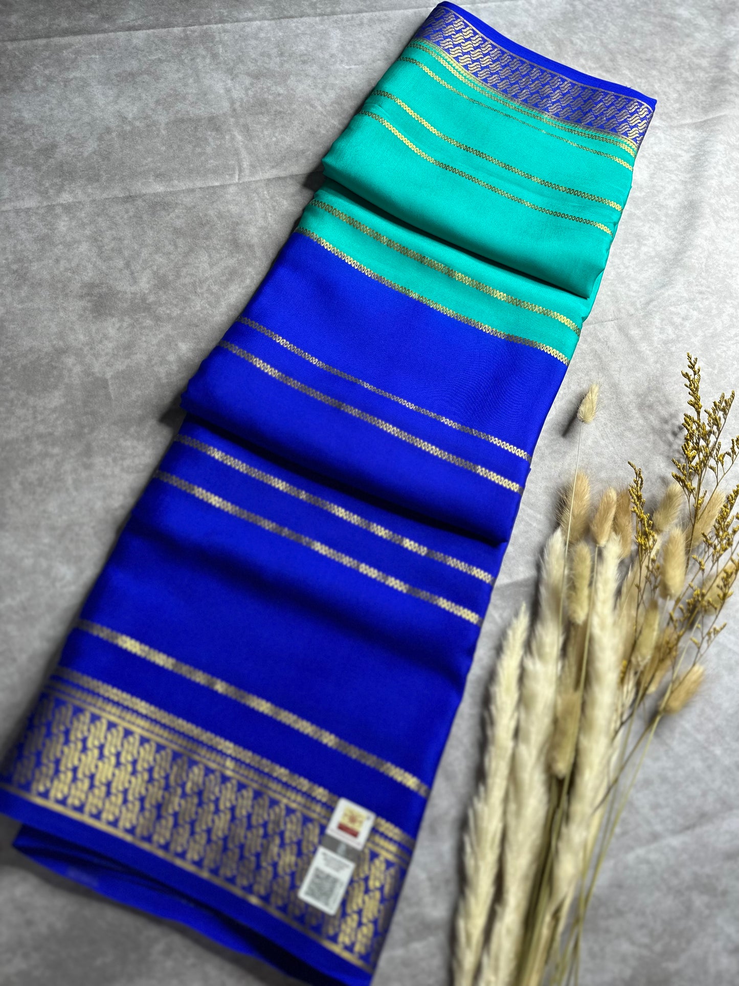 Sky Blue- royal blue fancy 1/2 X 1/2 stripes crepe silk saree