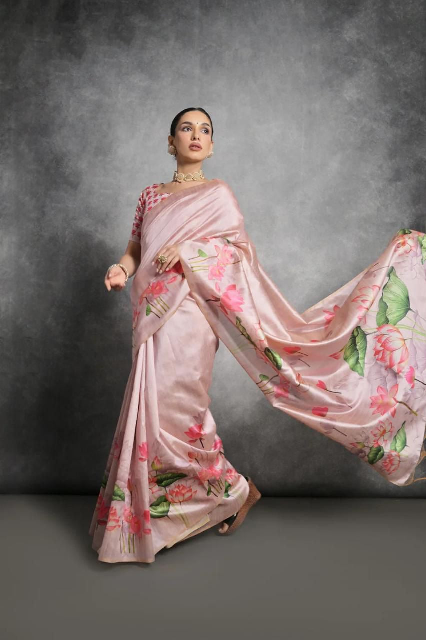 Rose gold-pink Digital flower printed saree